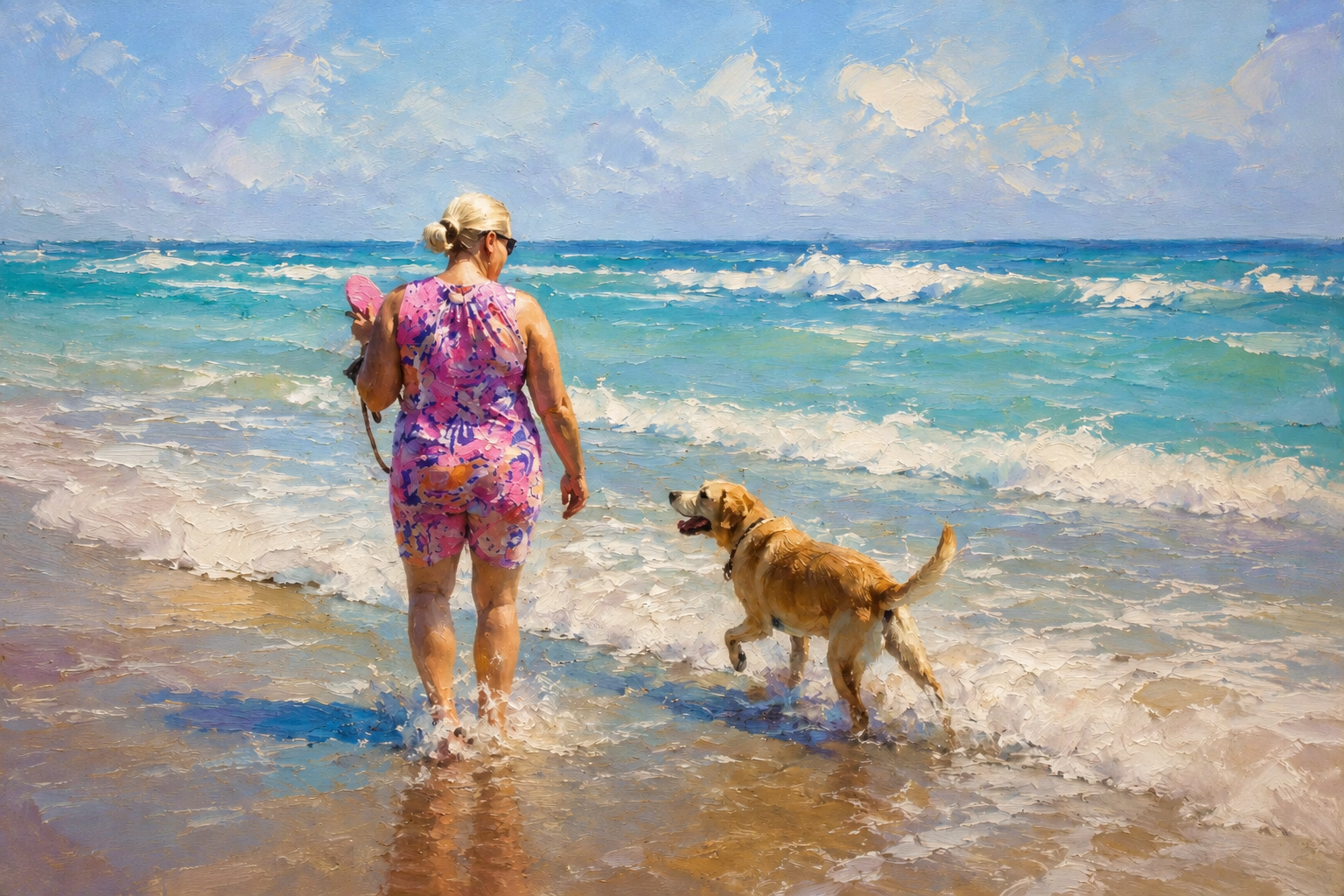 Painterly scene of Sarah and her dog walking together into the ocean