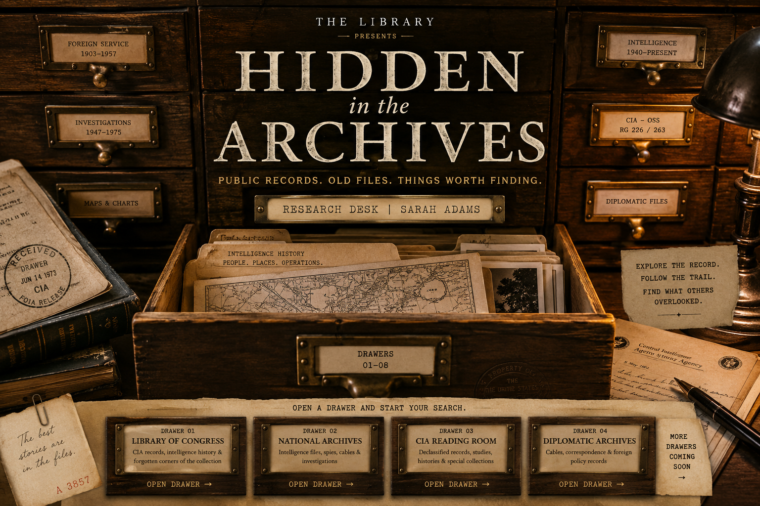 An open archival card-catalog drawer with maps and research files