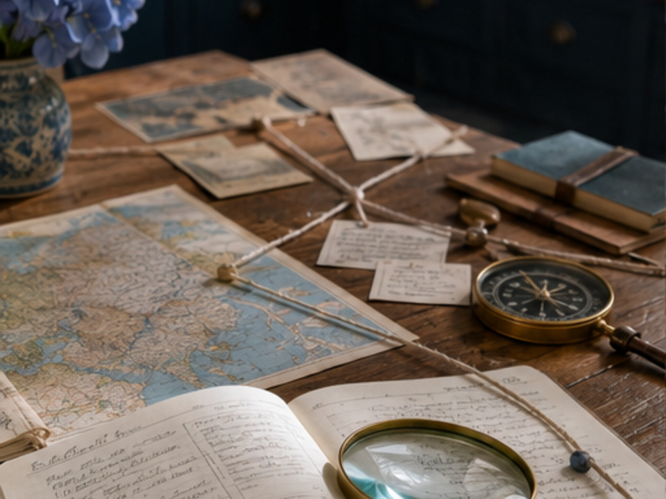 A compass and connected notes on a library table