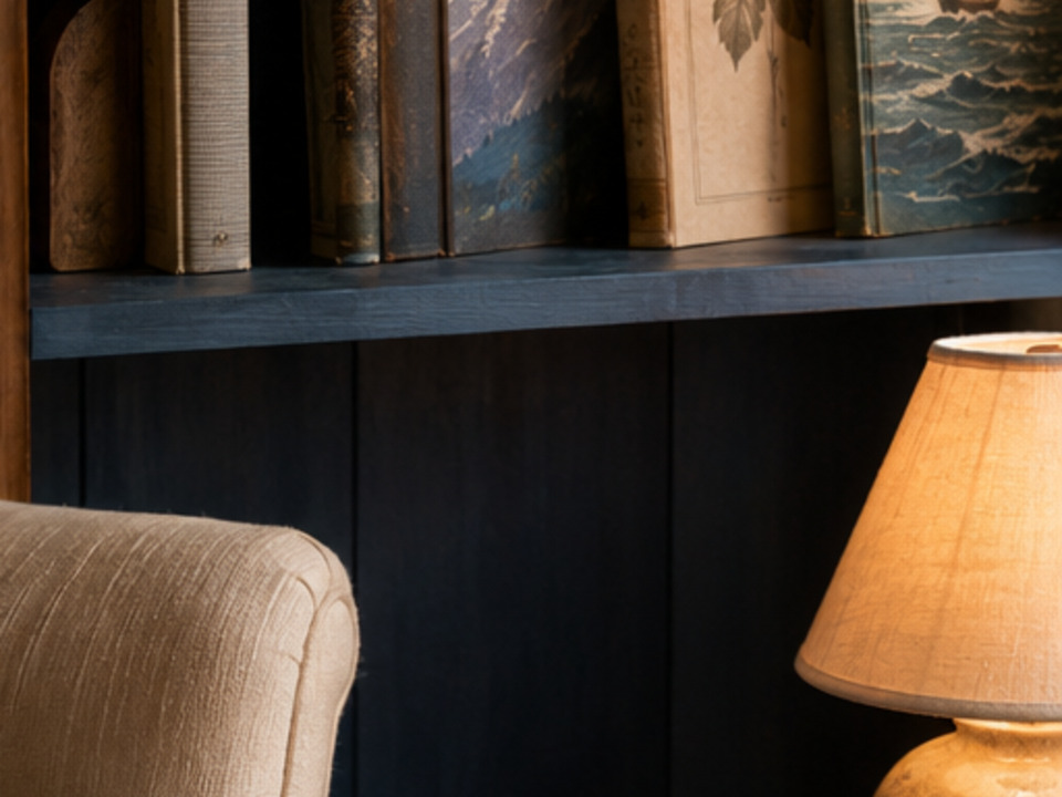 A personal shelf of books in a sunlit library