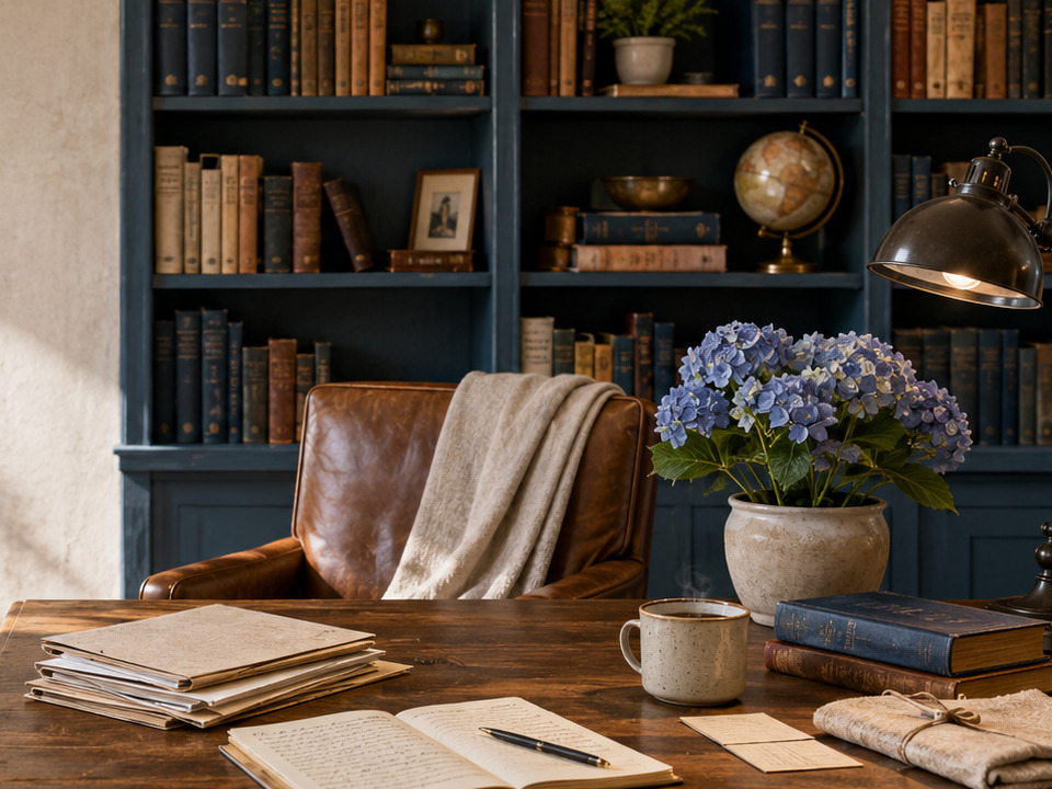 A warm library with books and a reading chair