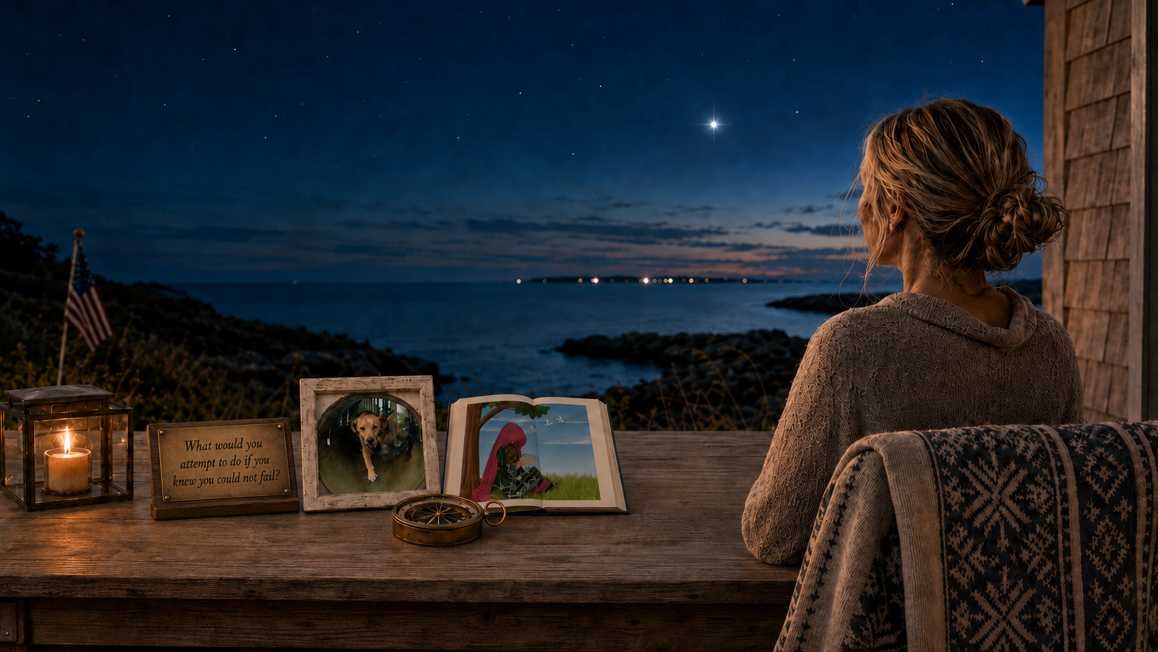 Sarah looking toward the North Star from a coastal porch at twilight