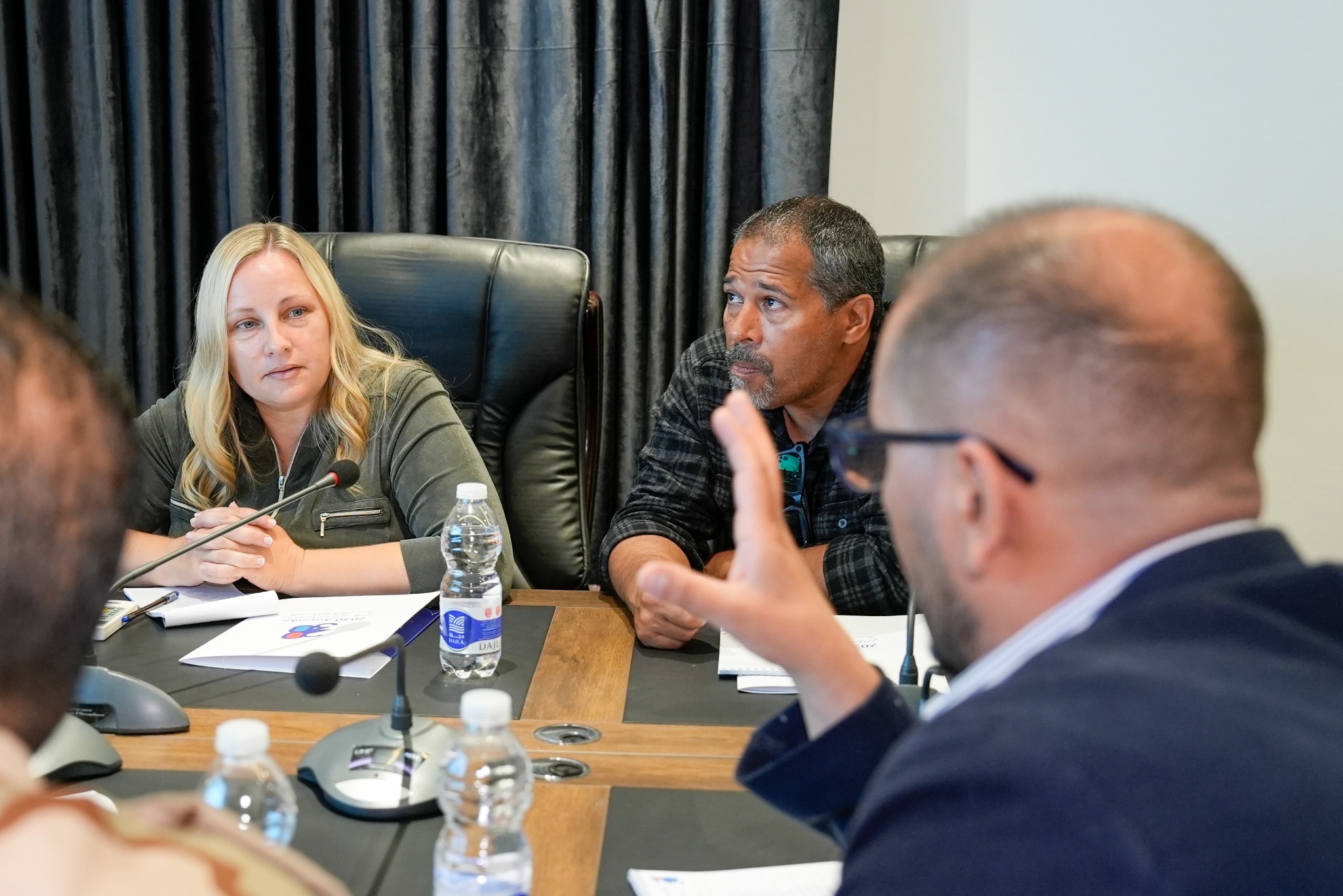 Sarah participating in a conference-table discussion