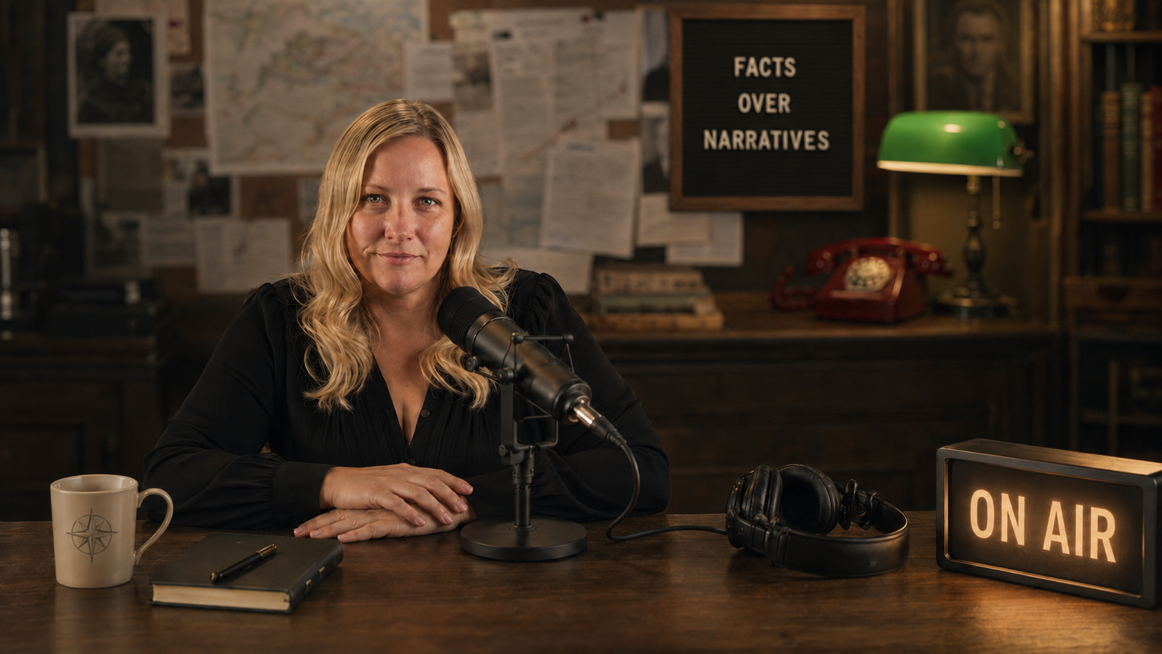 Sarah Adams at a microphone in The Watch Floor studio